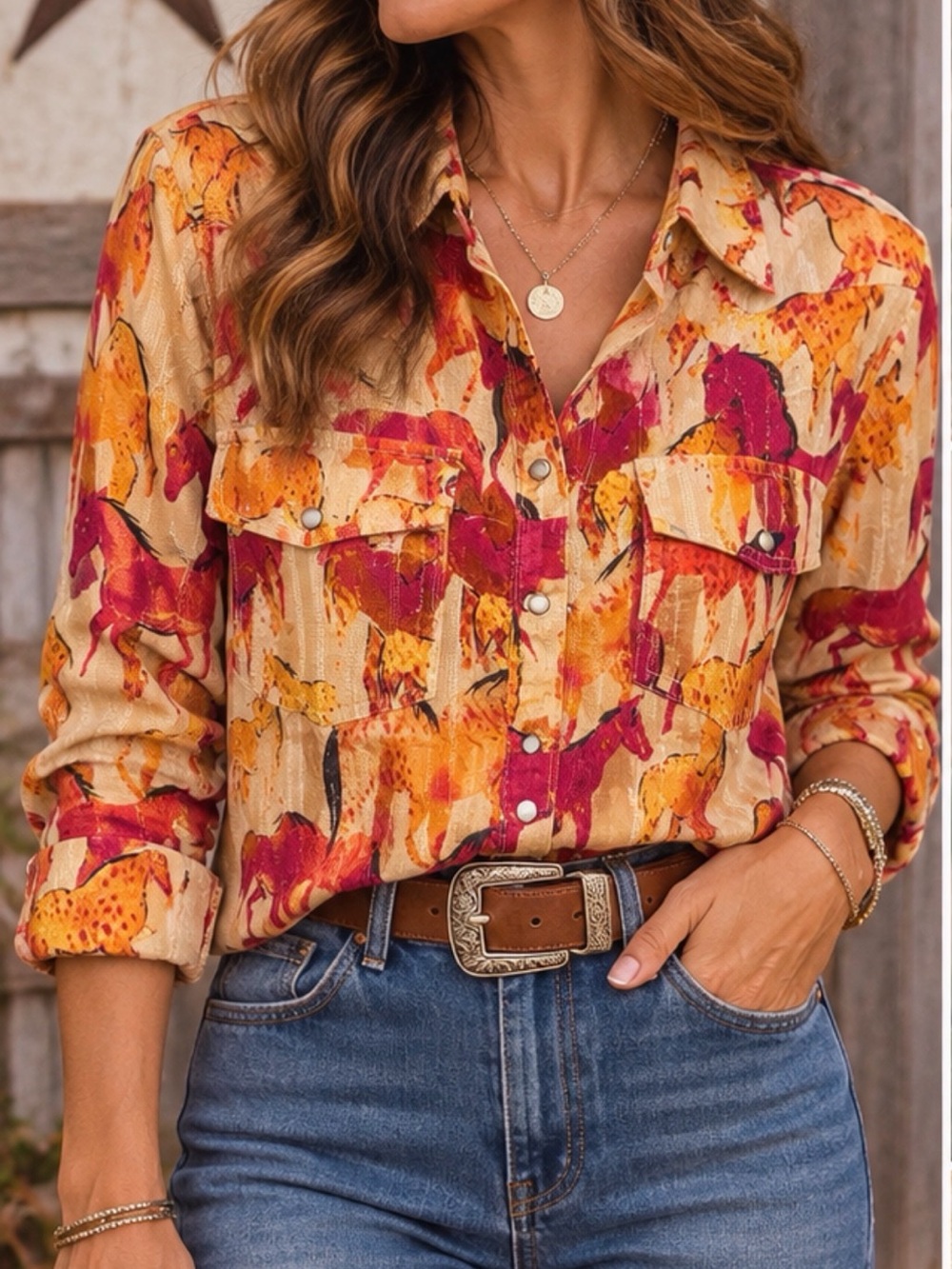 Sundance Horse Print Western Shirt Medium Equestrian Button Down